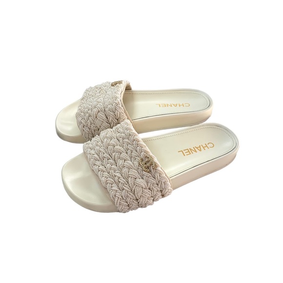 Chanel White Beaded Braided Sandal Slides - Picture 1 of 9